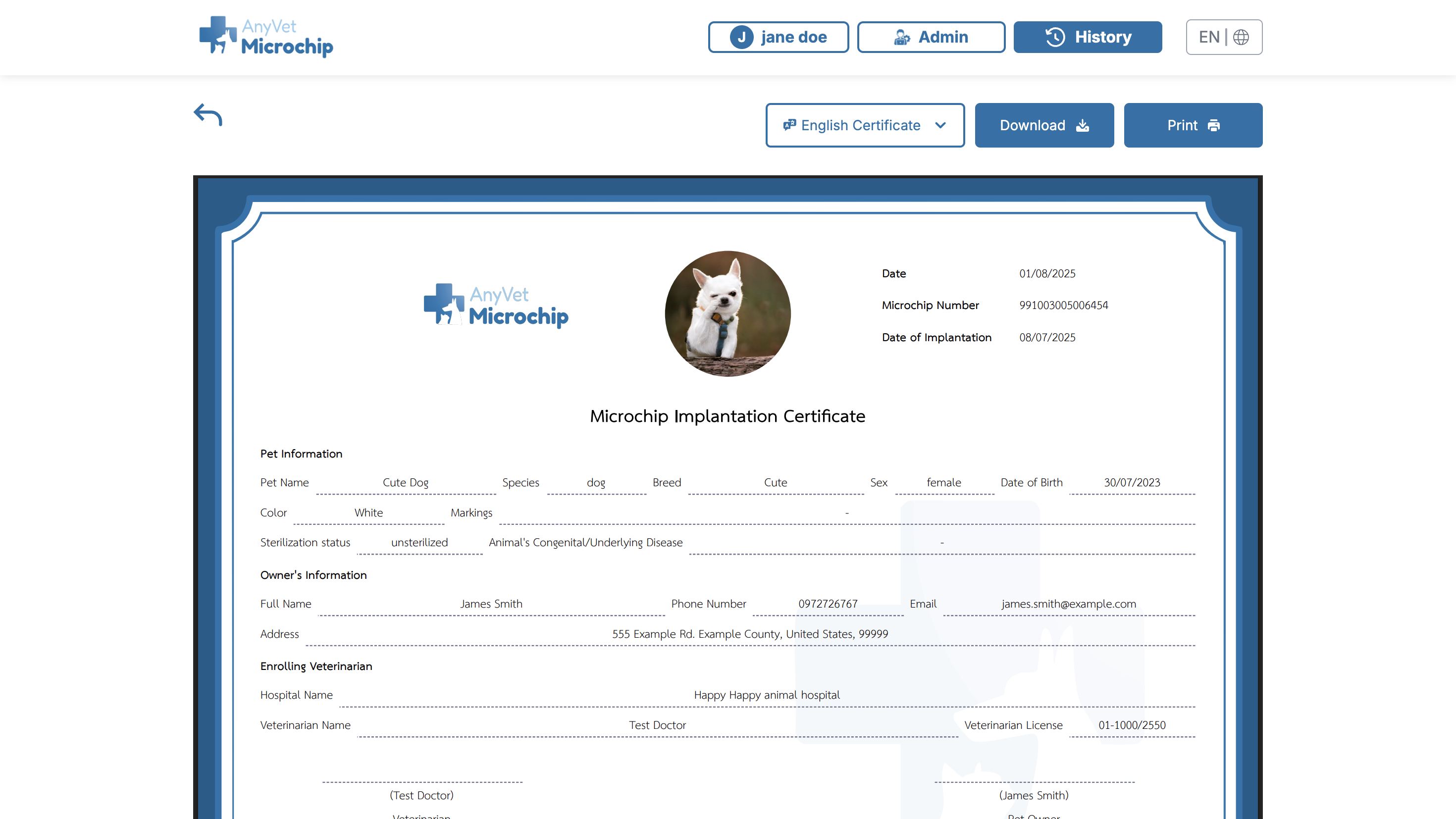 Pet profile on the AnyVet App